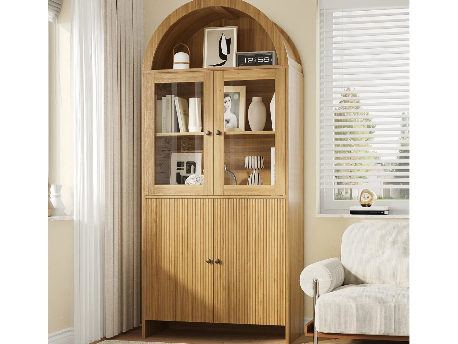 Vitrina curva 78x40x176 cm - 4 puertas - Vitrina de cristal - Paneles de partículas - Natural