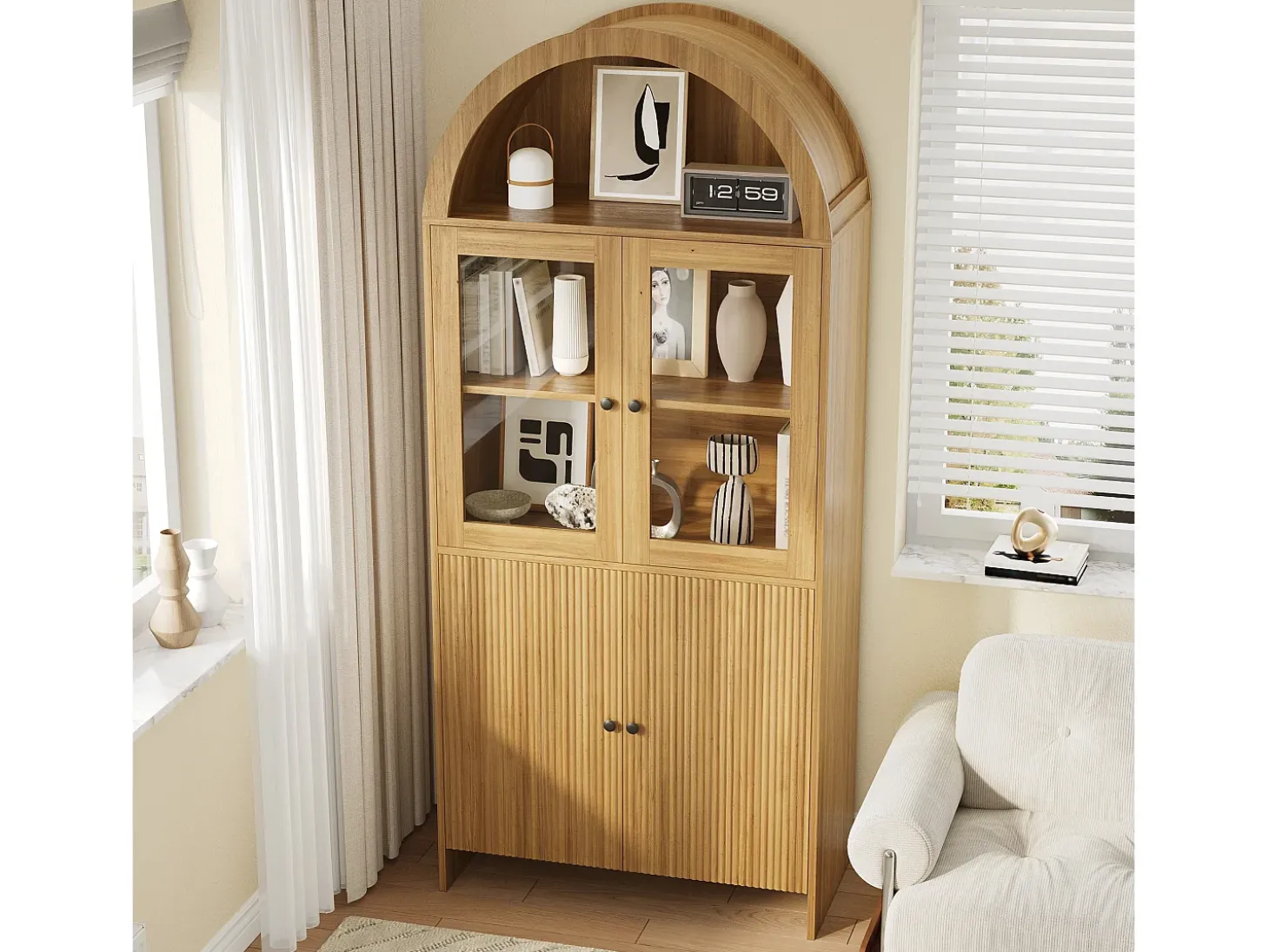 Vitrina curva 78x40x176 cm - 4 puertas - Vitrina de cristal - Paneles de partículas - Natural