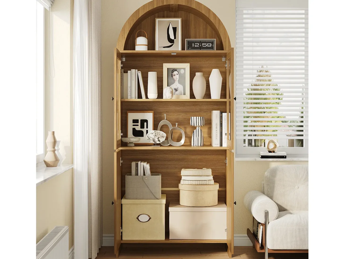 Vitrina curva 78x40x176 cm - 4 puertas - Vitrina de cristal - Paneles de partículas - Natural