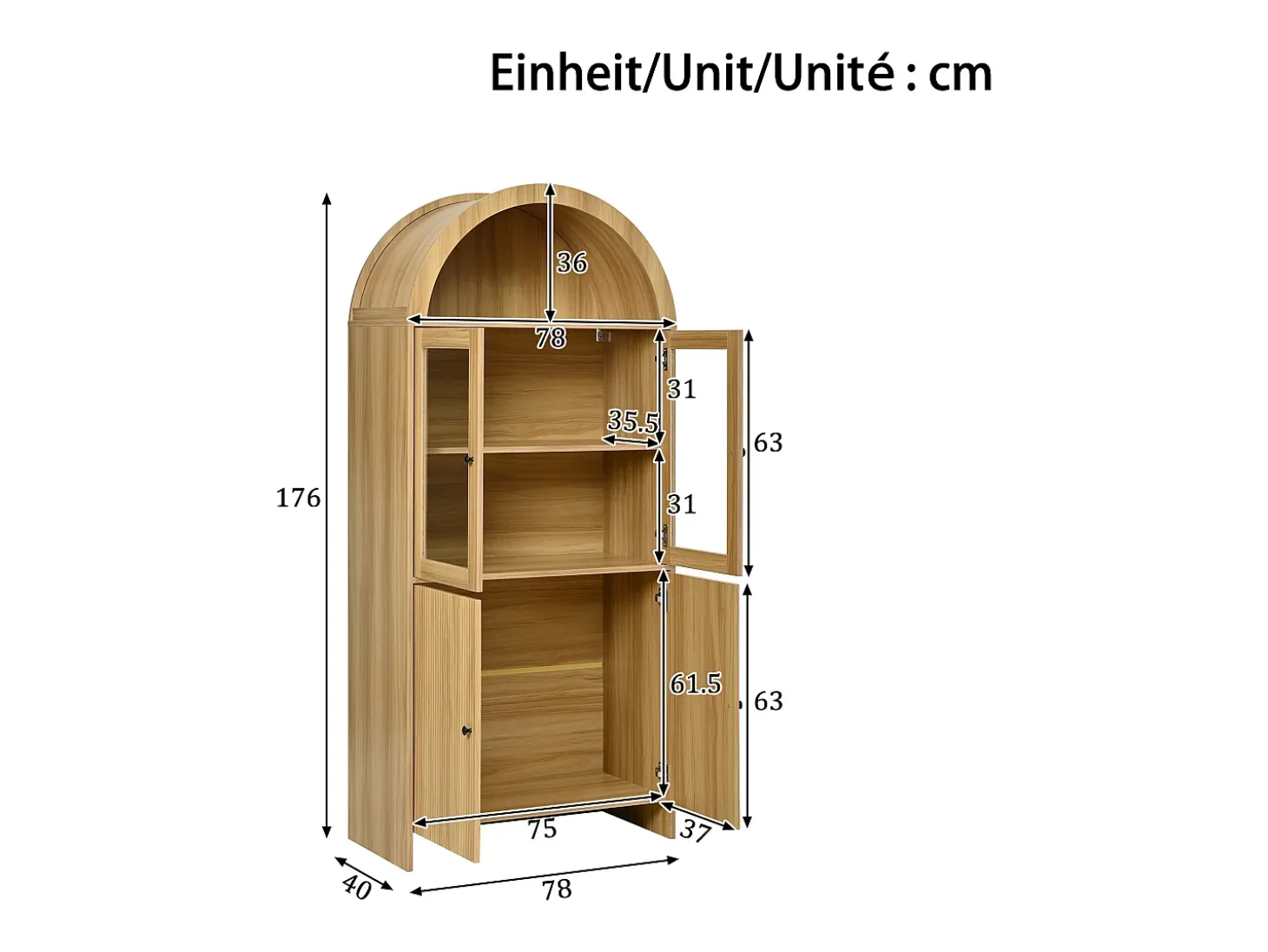 Vitrina curva 78x40x176 cm - 4 puertas - Vitrina de cristal - Paneles de partículas - Natural