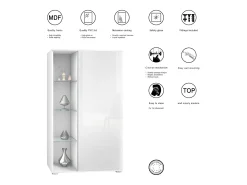 Vitrina Davos, vitrina independiente con 3 estantes de cristal y 8 compartimentos, blanco mate/roble natural (71,5 x 134 x 35 cm)