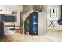 Vitrina Davos, vitrina independiente con 3 estantes de cristal y 8 compartimentos incl. LED, antracita mate/gris arena de alto brillo (71,5 x 134 x 35 cm)