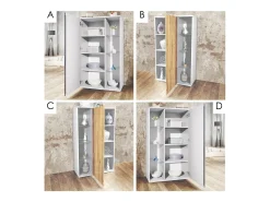Vitrina Davos, vitrina independiente con 3 estantes de cristal y 8 compartimentos incl. LED, blanco mate/gris arena de alto brillo (71,5 x 134 x 35 cm)