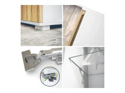 Vitrina Davos, vitrina independiente con 3 estantes de cristal y 8 compartimentos incl. LED, blanco mate/gris arena de alto brillo (71,5 x 134 x 35 cm)