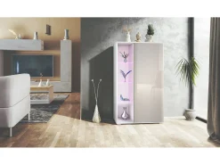 Vitrina Davos, vitrina independiente con 3 estantes de cristal y 8 compartimentos incl. LED, blanco mate/gris arena de alto brillo (71,5 x 134 x 35 cm)