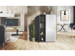Vitrina Davos, vitrina independiente con 3 estantes de cristal y 8 compartimentos, antracita mate/blanco de alto brillo (71,5 x 134 x 35 cm)
