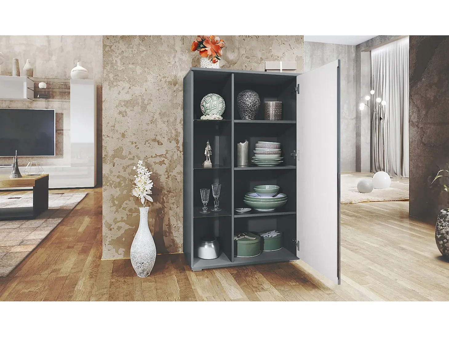 Vitrina Davos, vitrina independiente con 3 estantes de cristal y 8 compartimentos incl. LED, antracita mate/burdeos de alto brillo (71,5 x 134 x 35 cm)