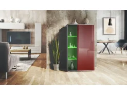 Vitrina Davos, vitrina independiente con 3 estantes de cristal y 8 compartimentos incl. LED, antracita mate/burdeos de alto brillo (71,5 x 134 x 35 cm)