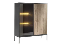 Vitrina de 2 puertas con LED en MDF y vidrio ahumado - Natural y Negro - OVILA