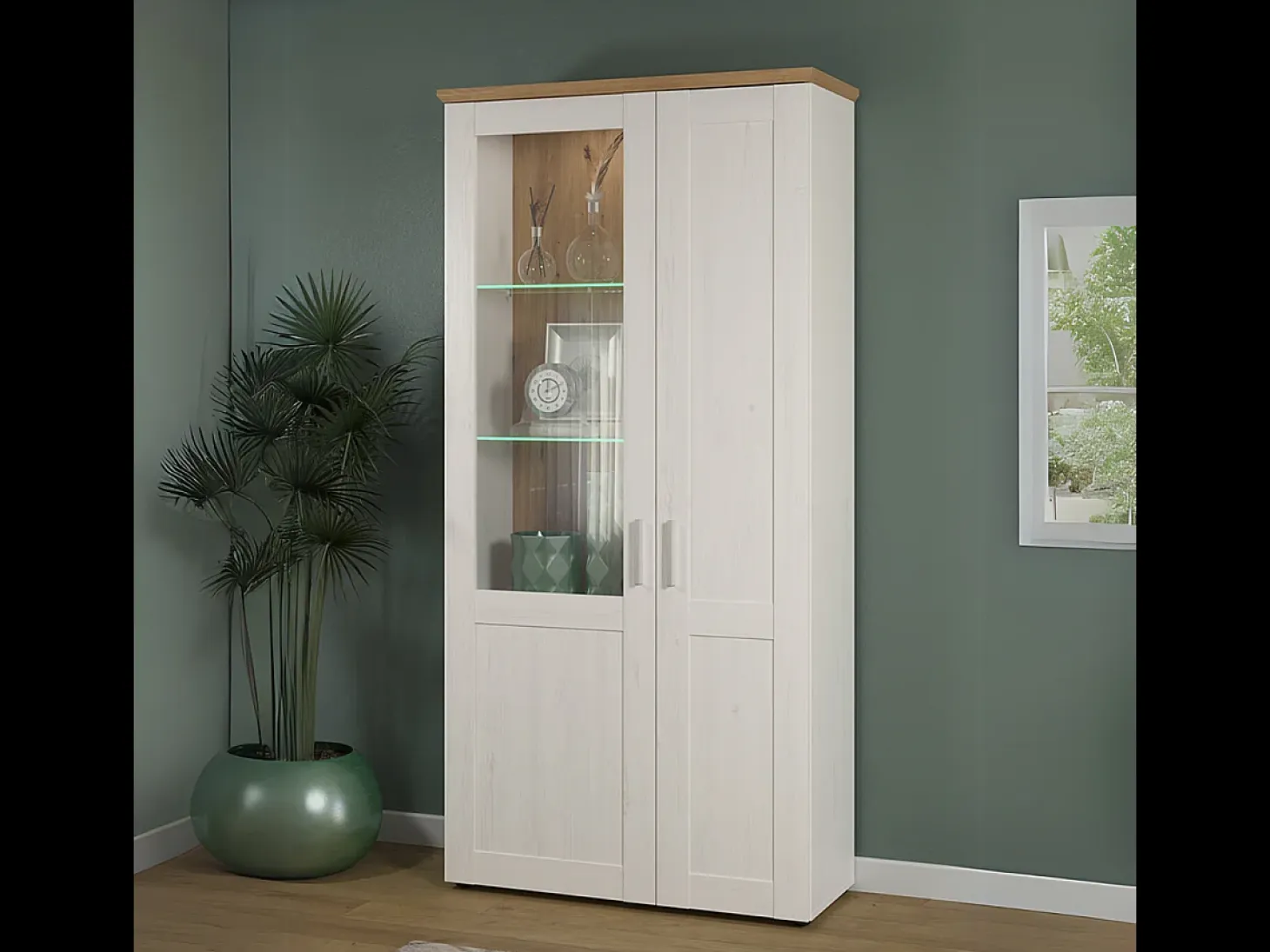 Vitrina de 2 puertas en madera de pino blanco y cristal Aline L 95 cm
