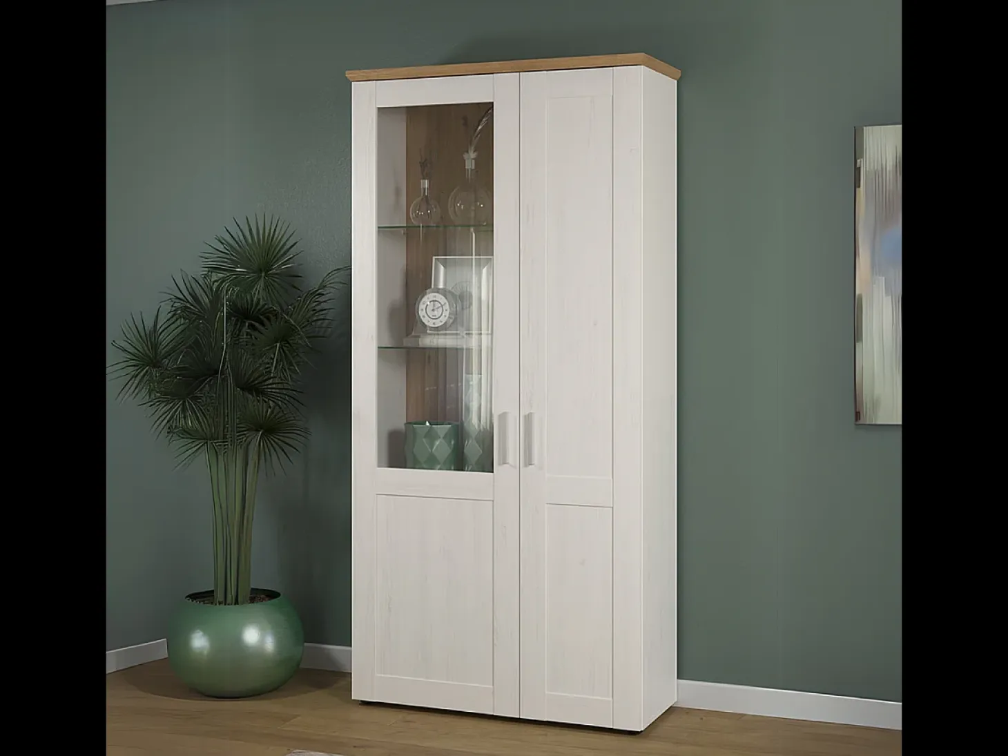 Vitrina de 2 puertas en madera de pino blanco y cristal Aline L 95 cm