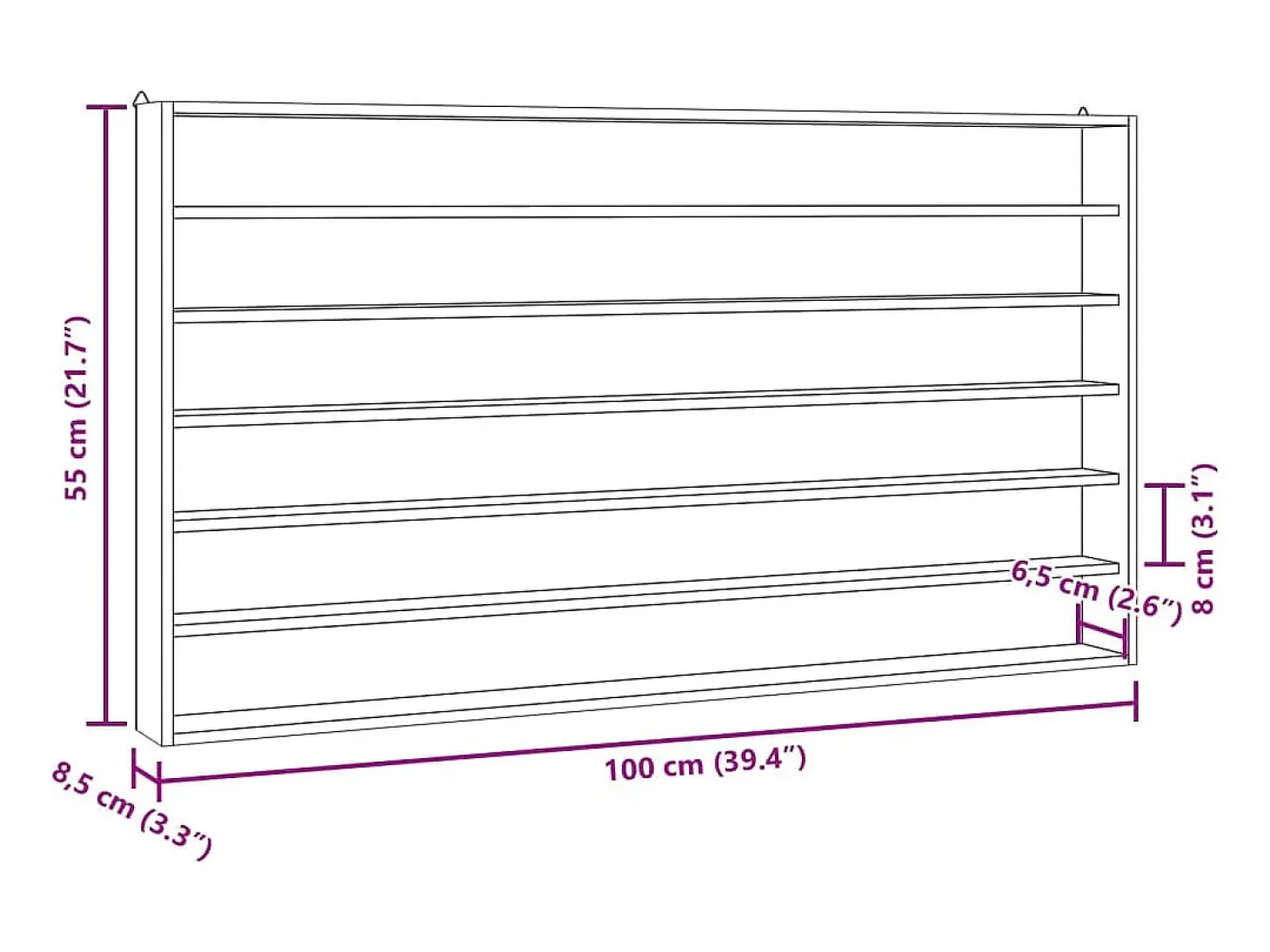 Vitrina de colección de madera con 6 estantes 100x8,5x55 cm