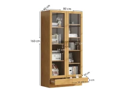 Vitrina de cristal - 80 x 40 x 160 cm - estantes descentrados - con 2 cajones - MDF - natural