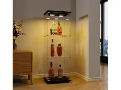 Vitrina de cristal con 3 estantes, luz LED y cerradura, color negro
