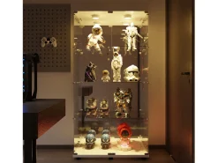 Vitrina de cristal con 4 estantes, vitrina de 2 puertas con luz y cerradura, color blanco