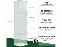 Vitrina de cristal con 4 estantes e iluminación LED - 163 x 39 x 35 cm - Vitrina estrecha - blanco