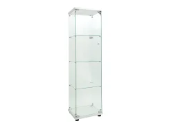 Vitrina de cristal con 4 estantes, LED, 1 puerta, 164x42x36 cm, armario de colección, blanco, transparente