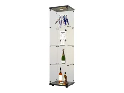 Vitrina de cristal con 4 estantes, LED, 1 puerta, 164x42x36 cm, armario de colección, negro, transparente