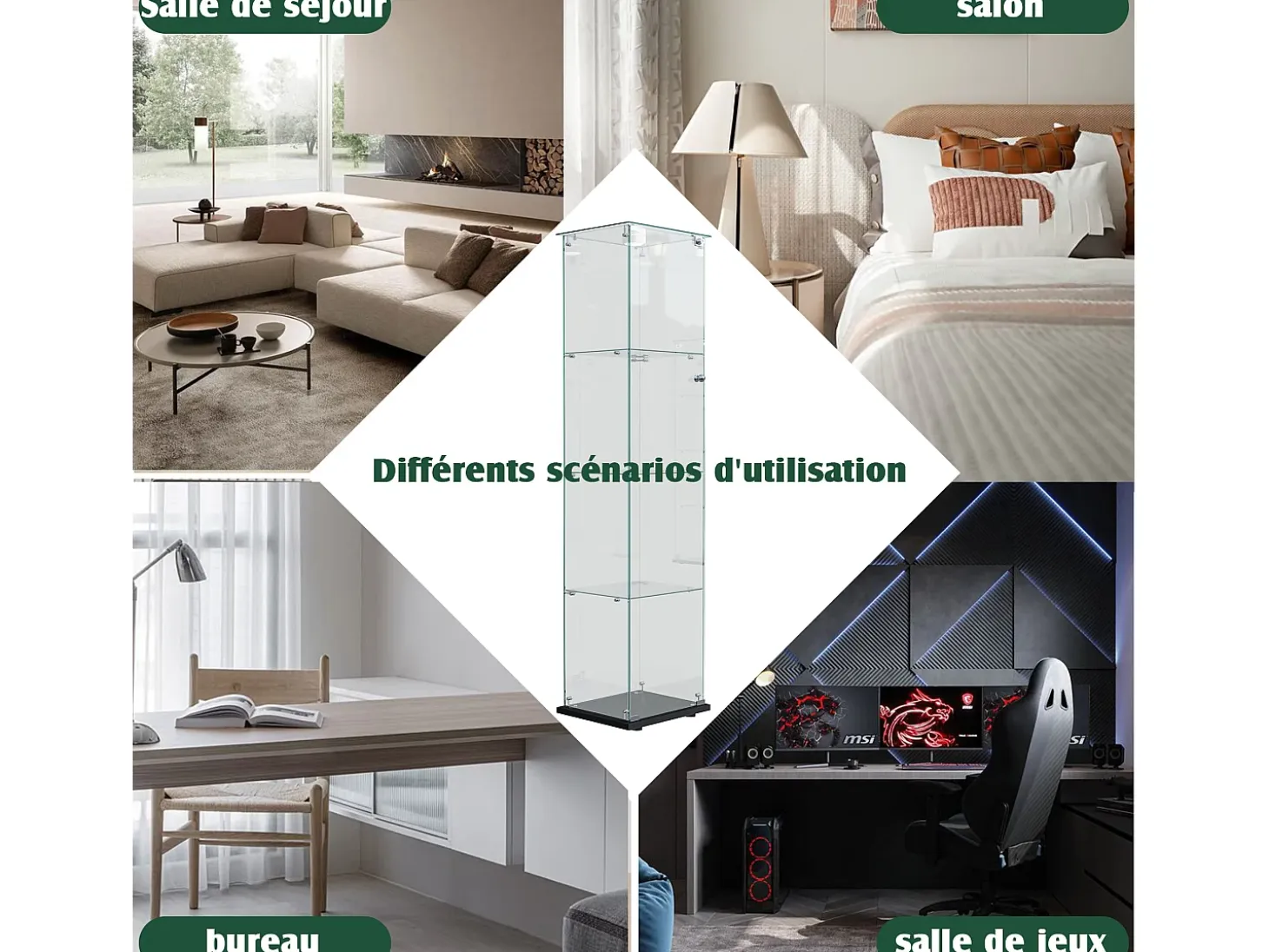 Vitrina de cristal con 5 estantes y puerta doble, vitrina para sala de estar
