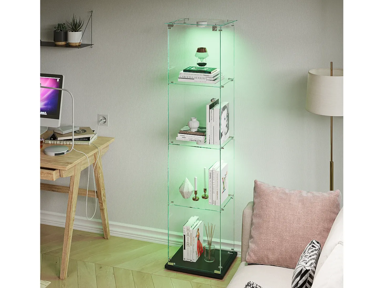 Vitrina de cristal con 5 estantes y puerta doble, vitrina para sala de estar