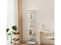 Vitrina de cristal con 4 estantes y 1 puerta, 164x42,5x36,5 cm, mueble de colección, blanco, transparente