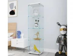 Vitrina de cristal con 4 estantes y 1 puerta, 164x42,5x36,5 cm, mueble de colección, blanco, transparente