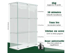 Vitrina de cristal con 4 estantes y puerta doble, vitrina para sala de estar