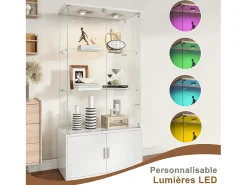 Vitrina de cristal con 3 estantes, armarios e iluminación LED - Diseño moderno, Blanco
