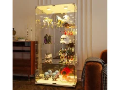 Vitrina de cristal con iluminación LED y cerradura, vitrina de cristal para salón con 2 puertas y estantes, color blanco