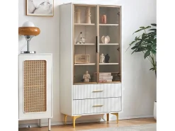 Vitrina de cristal con LED, 2 puertas, estantes regulables, MDF, blanco, (70x35x150 cm)