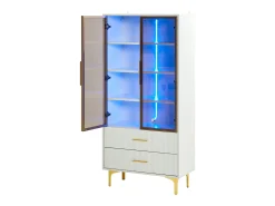 Vitrina de cristal con LED, 2 puertas, estantes regulables, MDF, blanco, (70x35x150 cm)