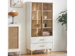 Vitrina de cristal con LED, 2 puertas, estantes regulables, MDF, blanco, (70x35x150 cm)