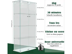 Vitrina de cristal con luz de grifo, vitrina, 2 puertas con cerradura, 4 estantes, 163 x 78,5 x 35 cm, color blanco