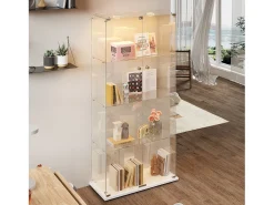 Vitrina de cristal con luz de grifo, vitrina, 2 puertas con cerradura, 4 estantes, 163 x 78,5 x 35 cm, color blanco
