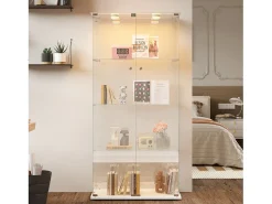 Vitrina de cristal con luz de grifo, vitrina, 2 puertas con cerradura, 4 estantes, 163 x 78,5 x 35 cm, color blanco
