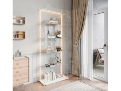 Vitrina de cristal de 5 estantes con iluminación LED personalizable – Base blanca