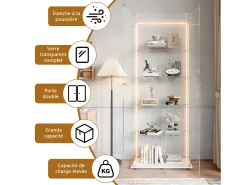 Vitrina de cristal de 5 estantes con iluminación LED personalizable – Base blanca