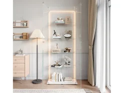 Vitrina de cristal de 5 estantes con iluminación LED personalizable – Base blanca