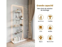 Vitrina de cristal de 5 estantes con iluminación LED personalizable – Base blanca
