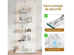 Vitrina de cristal de 5 estantes con iluminación LED personalizable – Base blanca