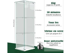 Vitrina de cristal de 3 estantes con iluminación LED - 123,3 x 39,8 x 35 cm - Vitrina estrecha - Blanco