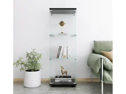 Vitrina de cristal de 3 estantes con puerta, estantería independiente para sala de estar, dormitorio y oficina, 42 x 36 x 125 cm, color negro