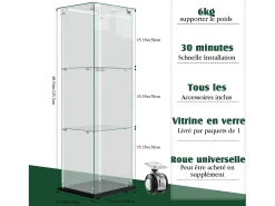Vitrina de cristal de 3 estantes con iluminación táctil - 123,3 x 39,8 x 35 cm - Vitrina estrecha - Negra