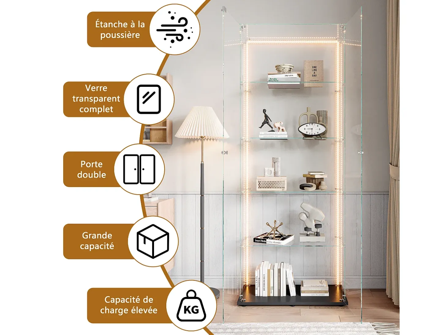 Vitrina de cristal de 5 estantes con iluminación LED personalizable – Base negra