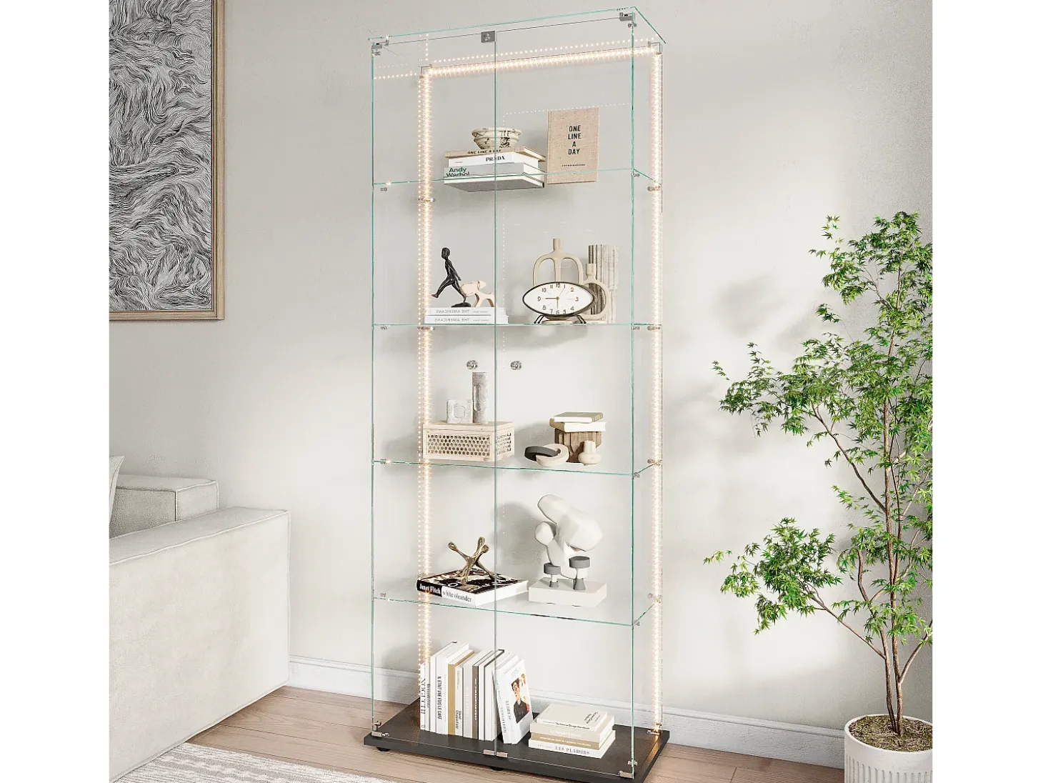 Vitrina de cristal de 5 estantes con iluminación LED personalizable – Base negra
