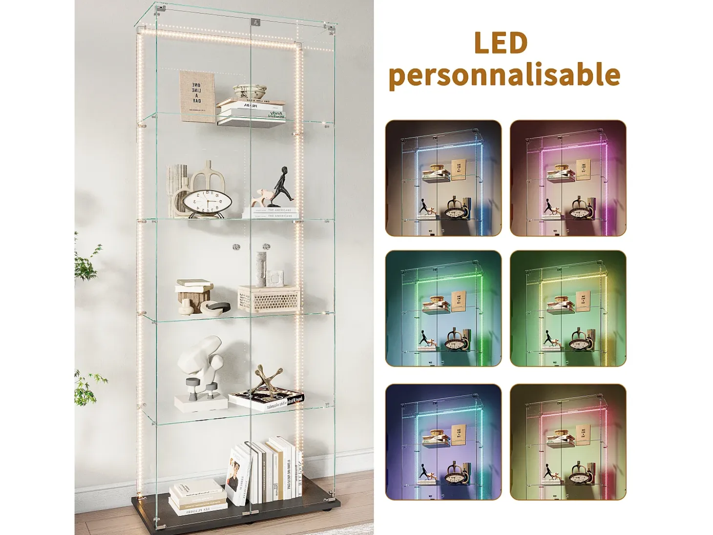 Vitrina de cristal de 5 estantes con iluminación LED personalizable – Base negra