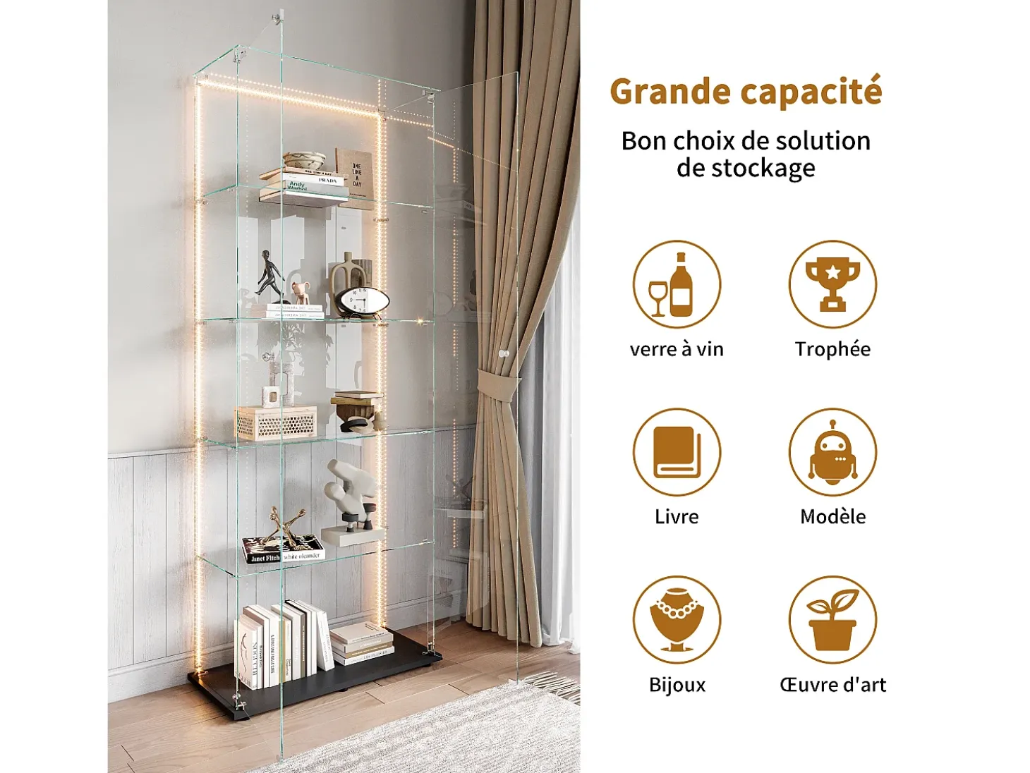 Vitrina de cristal de 5 estantes con iluminación LED personalizable – Base negra