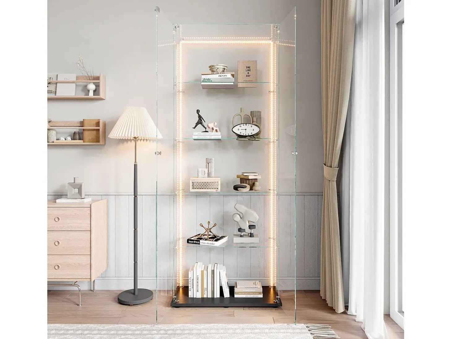 Vitrina de cristal de 5 estantes con iluminación LED personalizable – Base negra