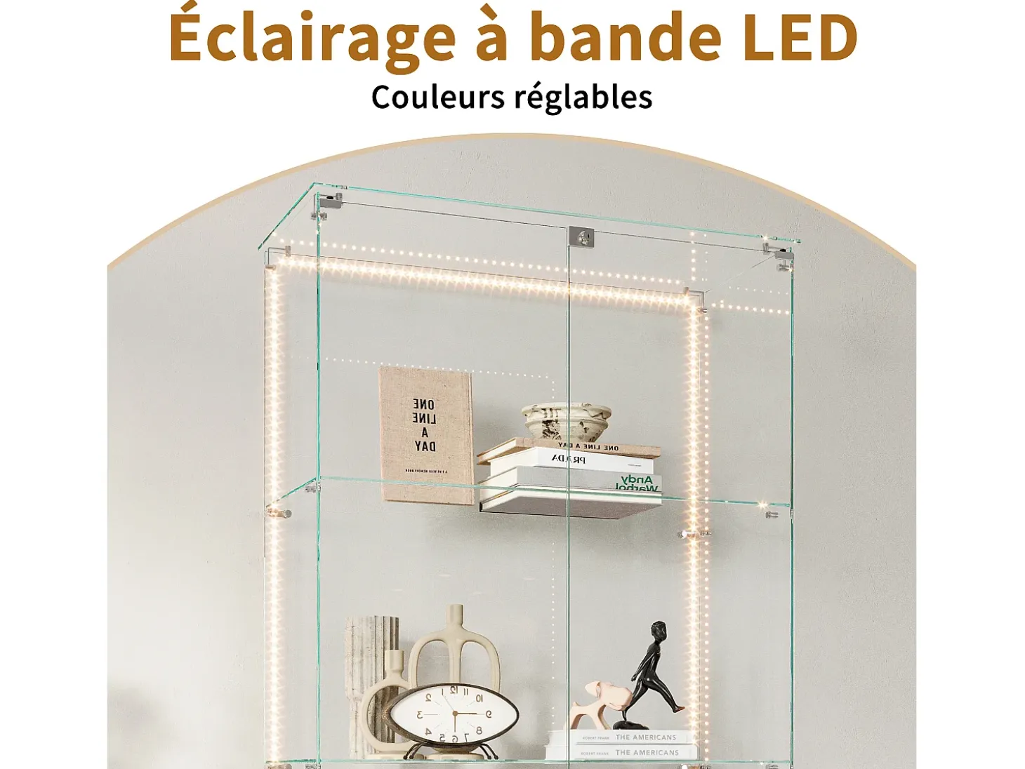 Vitrina de cristal de 5 estantes con iluminación LED personalizable – Base negra