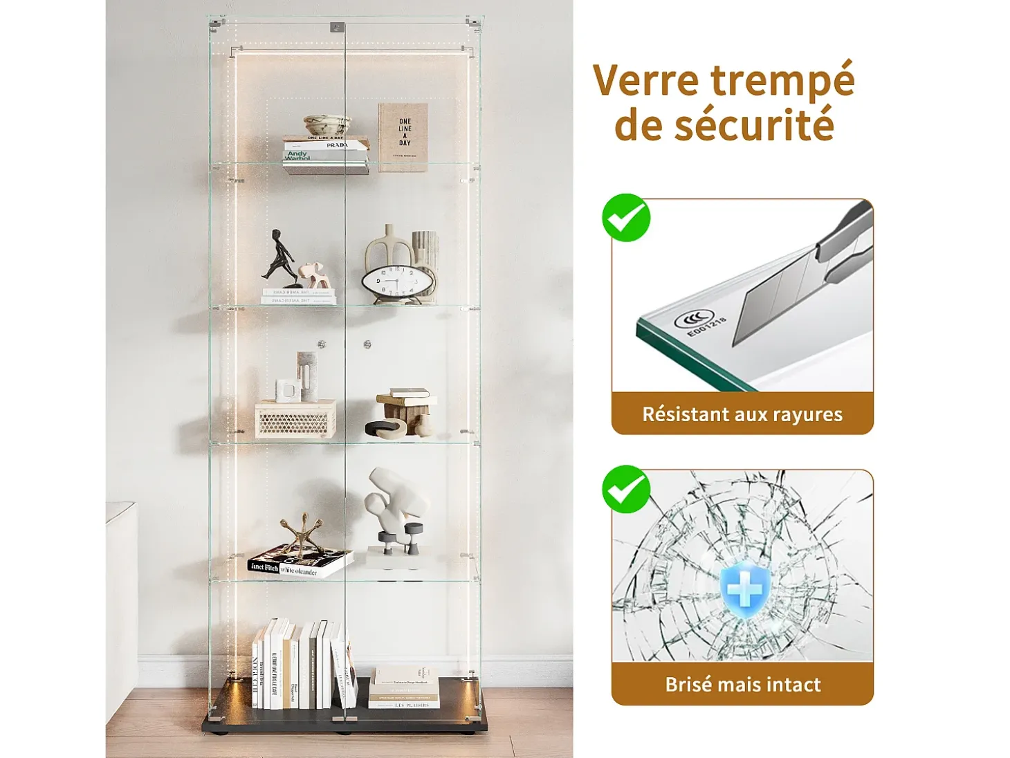 Vitrina de cristal de 5 estantes con iluminación LED personalizable – Base negra